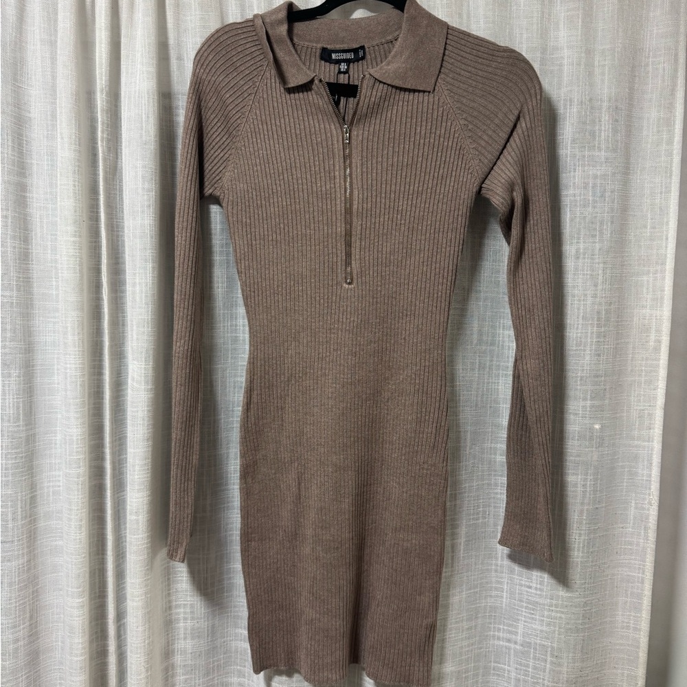 Missguided+ Taupe Ribbed Long Sleeve Dress